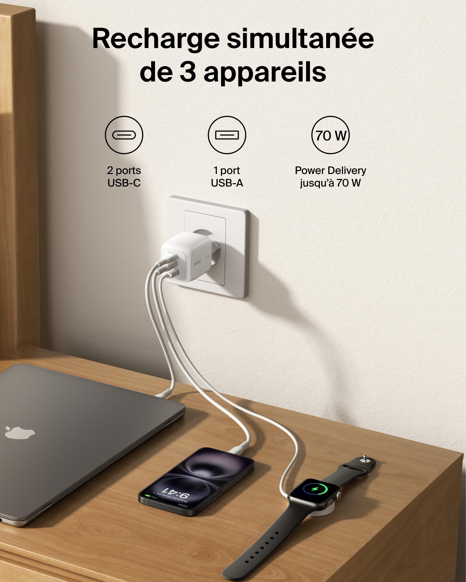 belkin-chargeur-usb-c-gan-70w-avec-2-ports-usb-c-et-1-port-usb-a-recharge-rapide image 2