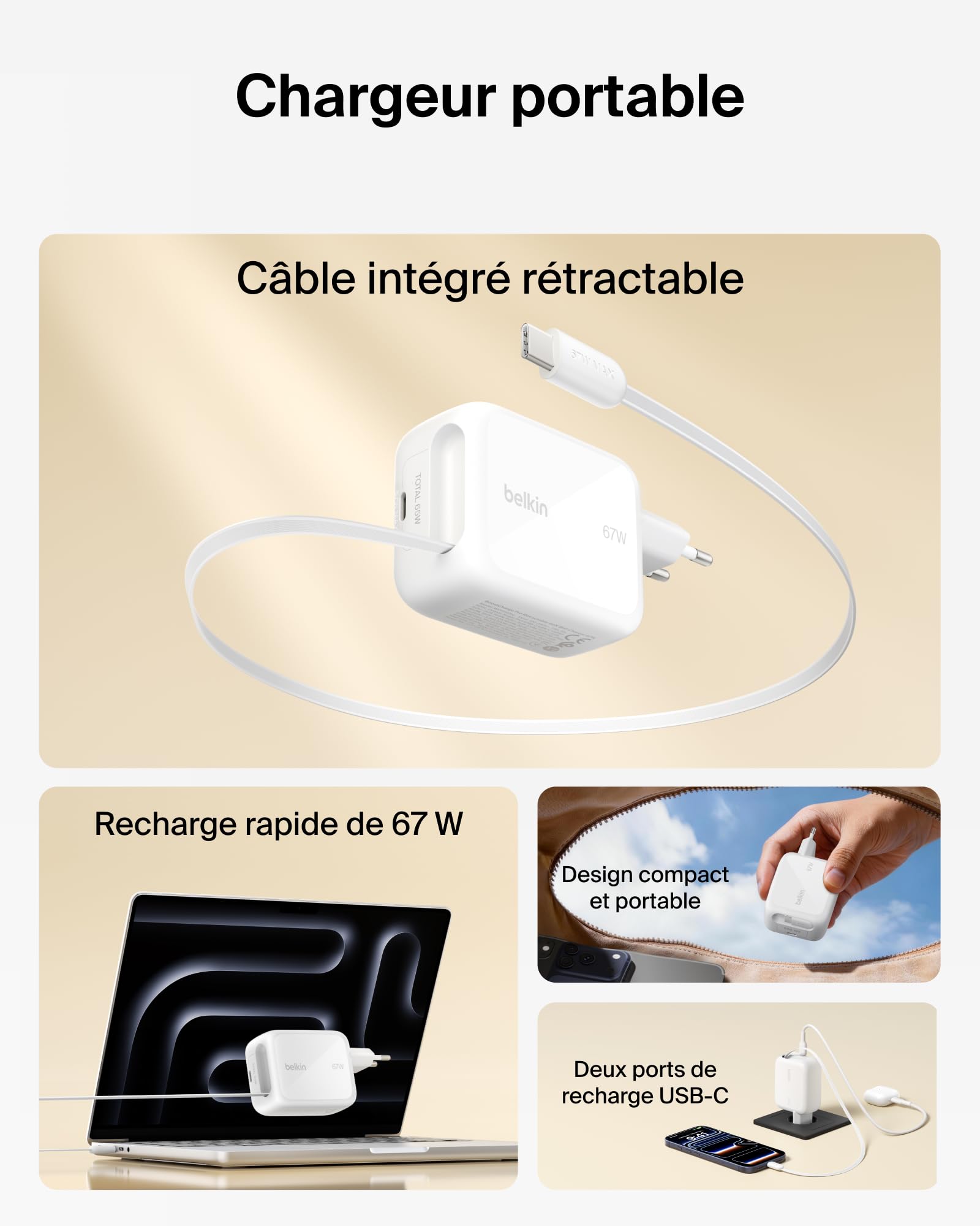 belkin-ultracharge-chargeur-usb-c-45-w-avec-c-ble-r-tractable-80-cm-pour-iphone- image 2