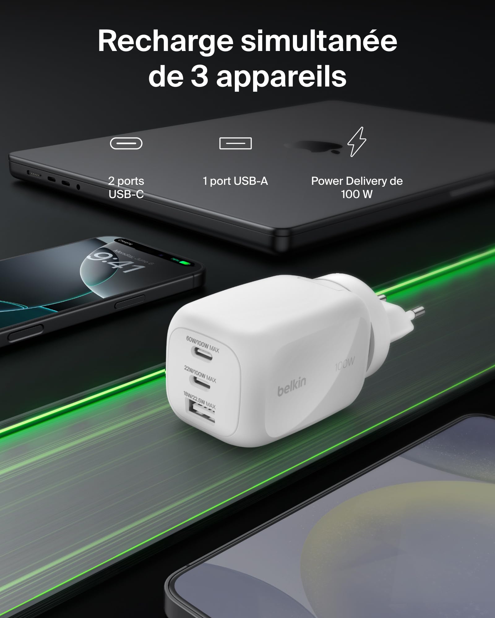 belkin-chargeur-secteur-gan-100-w-3-ports-2-usb-c-1-usb-a-pps-pd-pour-macbook-ip image 2